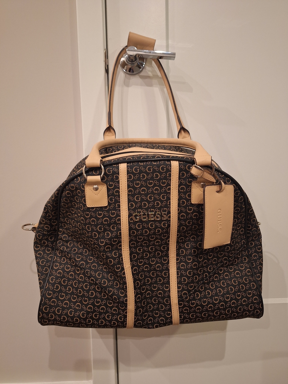 Guess Signature Monogram Satchel in Brown and Tan